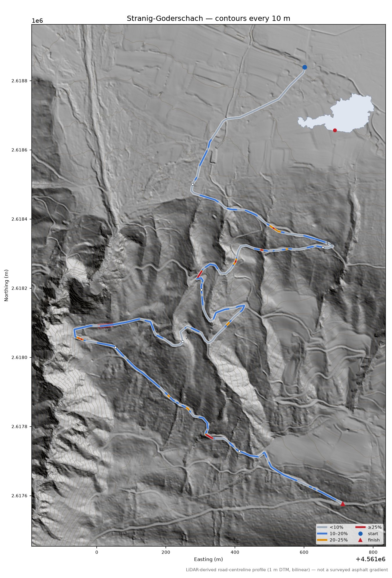 Stranig-Goderschach LiDAR hillshade map with contours