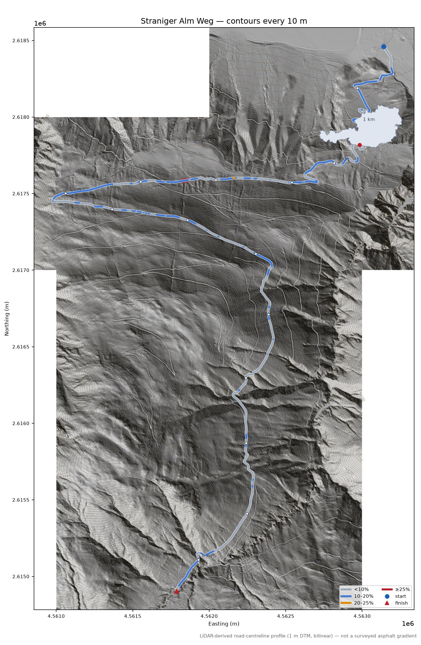 Straniger Alm Weg LiDAR hillshade map with contours