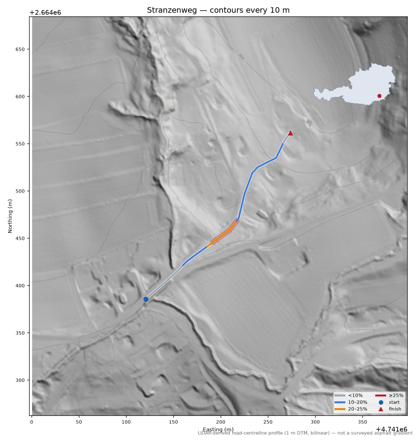 Stranzenweg LiDAR hillshade map with contours