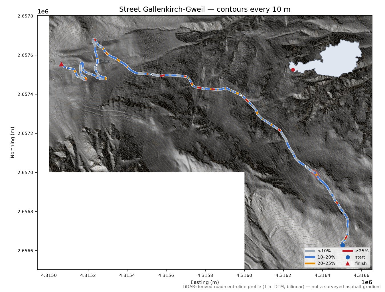 Street Gallenkirch-Gweil LiDAR hillshade map with contours