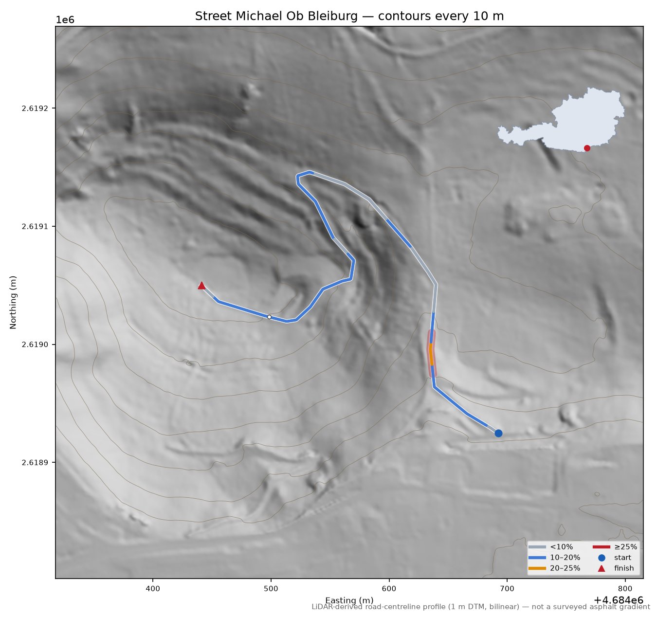 Street Michael Ob Bleiburg LiDAR hillshade map with contours