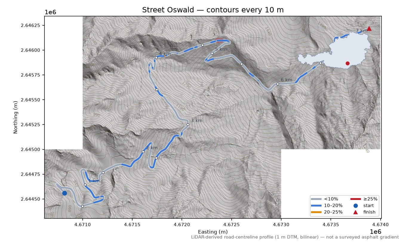 Street Oswald LiDAR hillshade map with contours