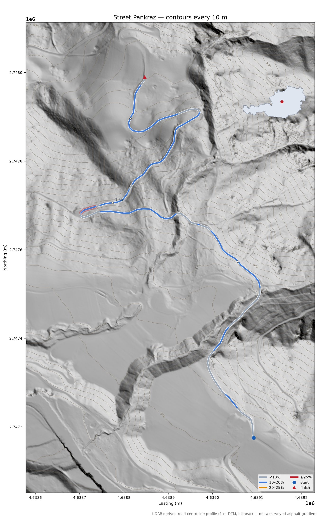 Street Pankraz LiDAR hillshade map with contours