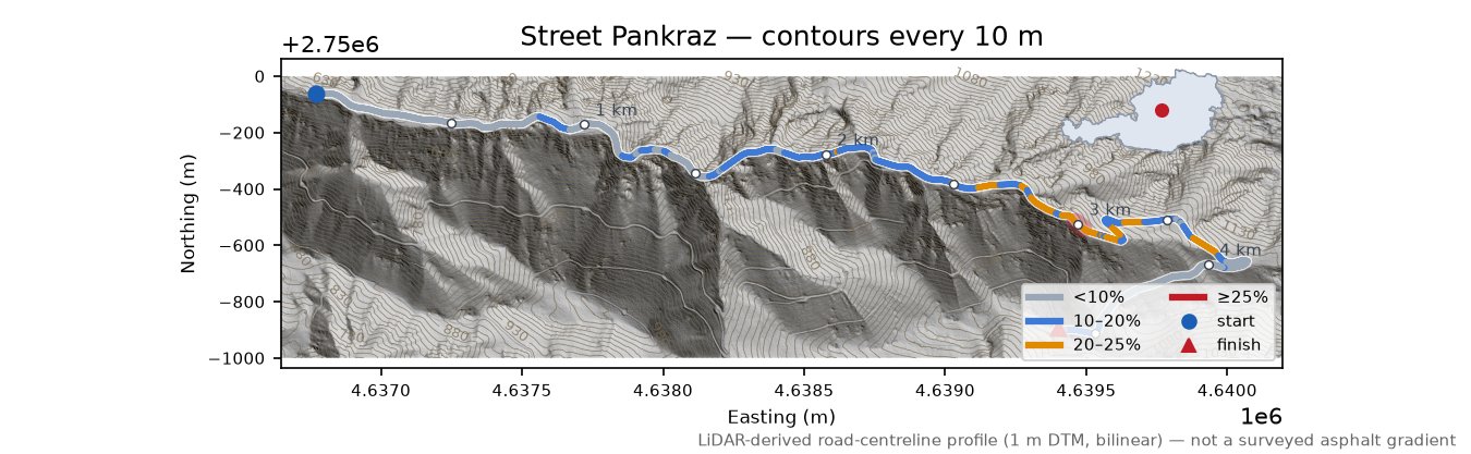 Street Pankraz LiDAR hillshade map with contours