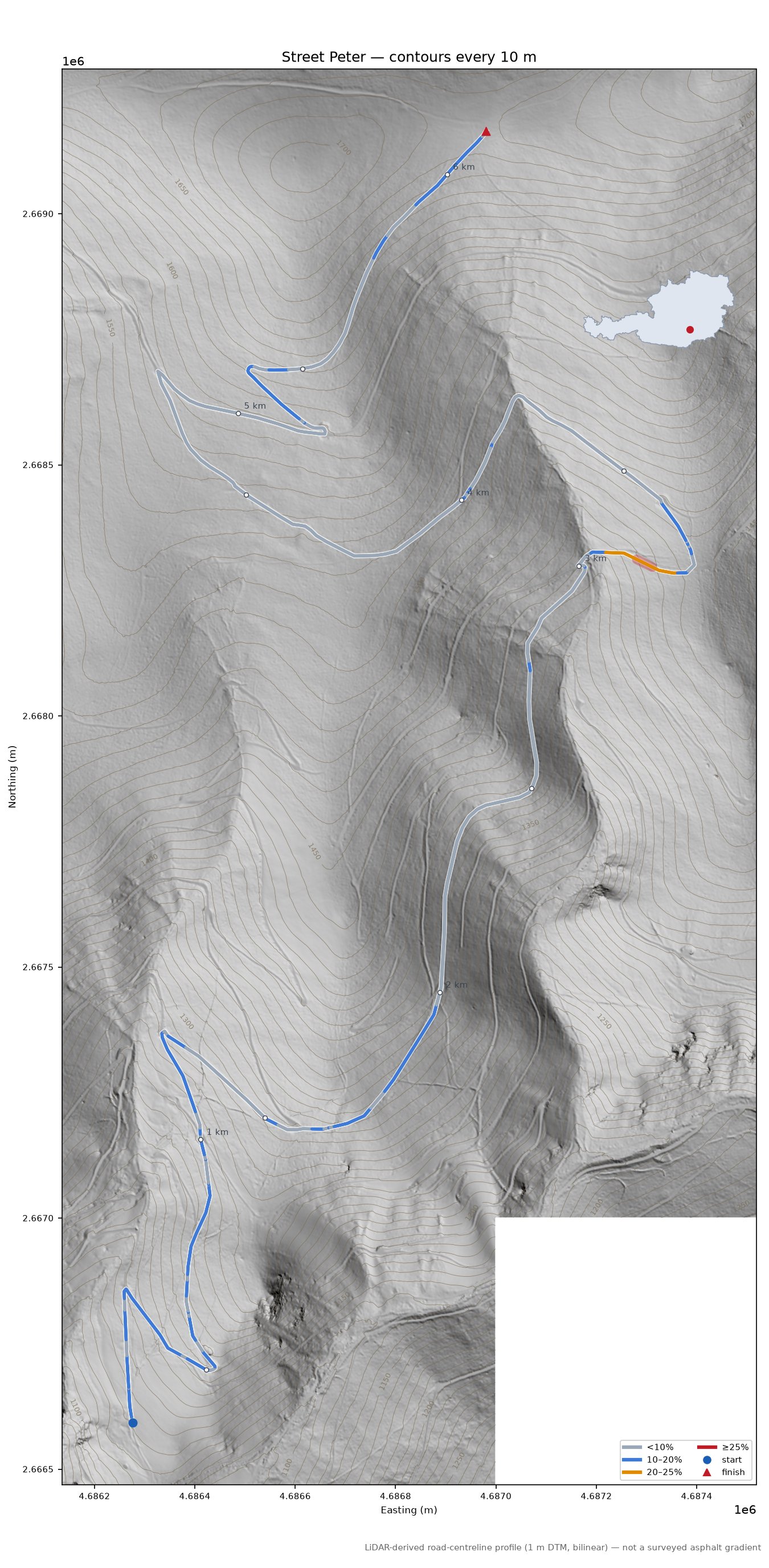 Street Peter LiDAR hillshade map with contours