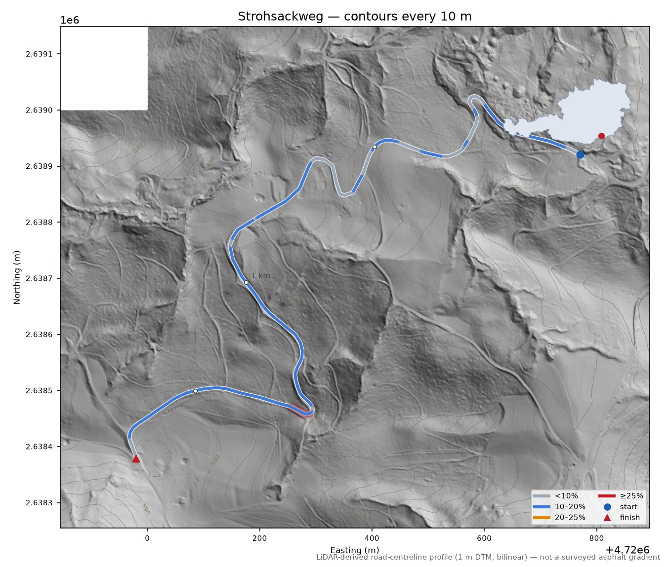 Strohsackweg LiDAR hillshade map with contours