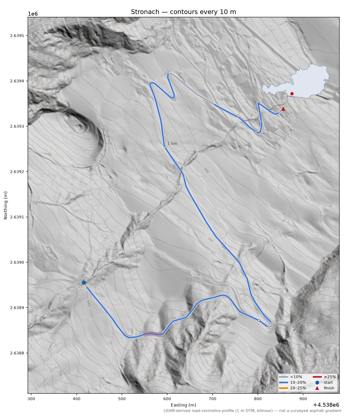 Stronach LiDAR hillshade map with contours