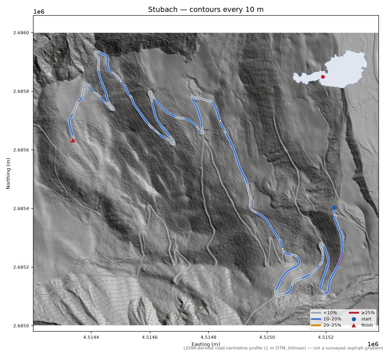 Stubach LiDAR hillshade map with contours