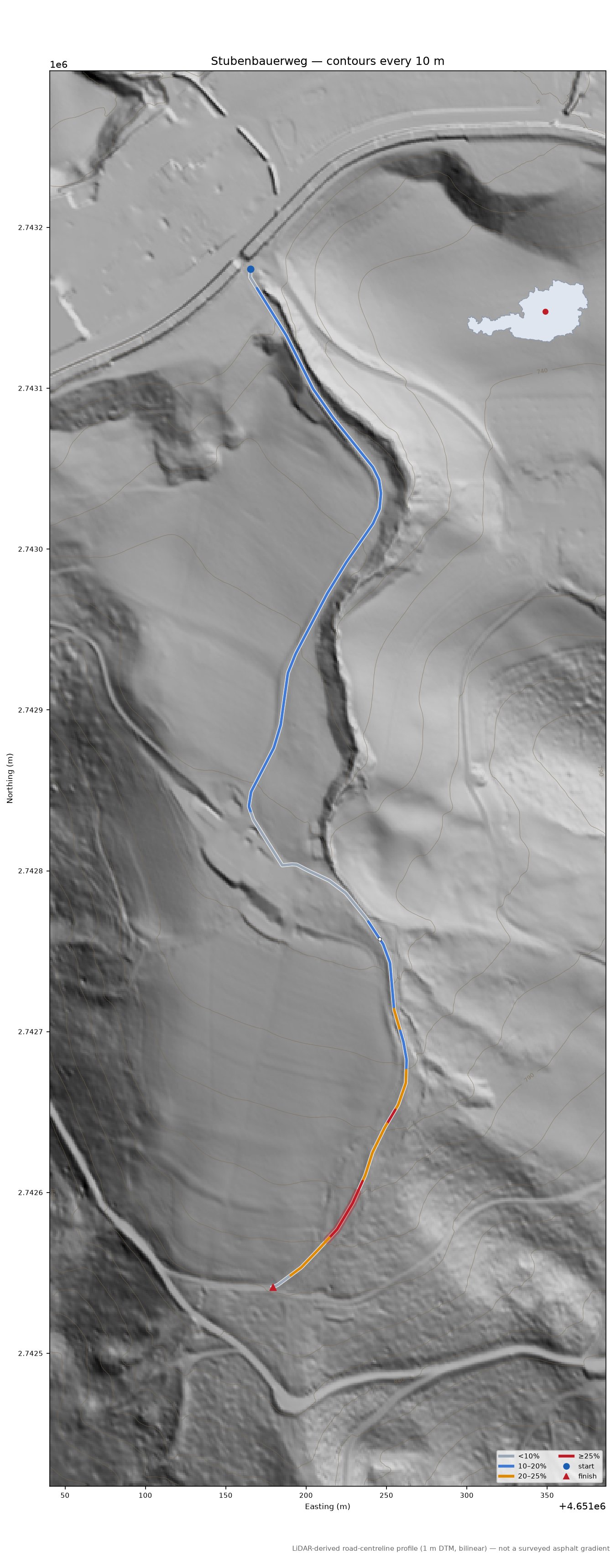Stubenbauerweg LiDAR hillshade map with contours