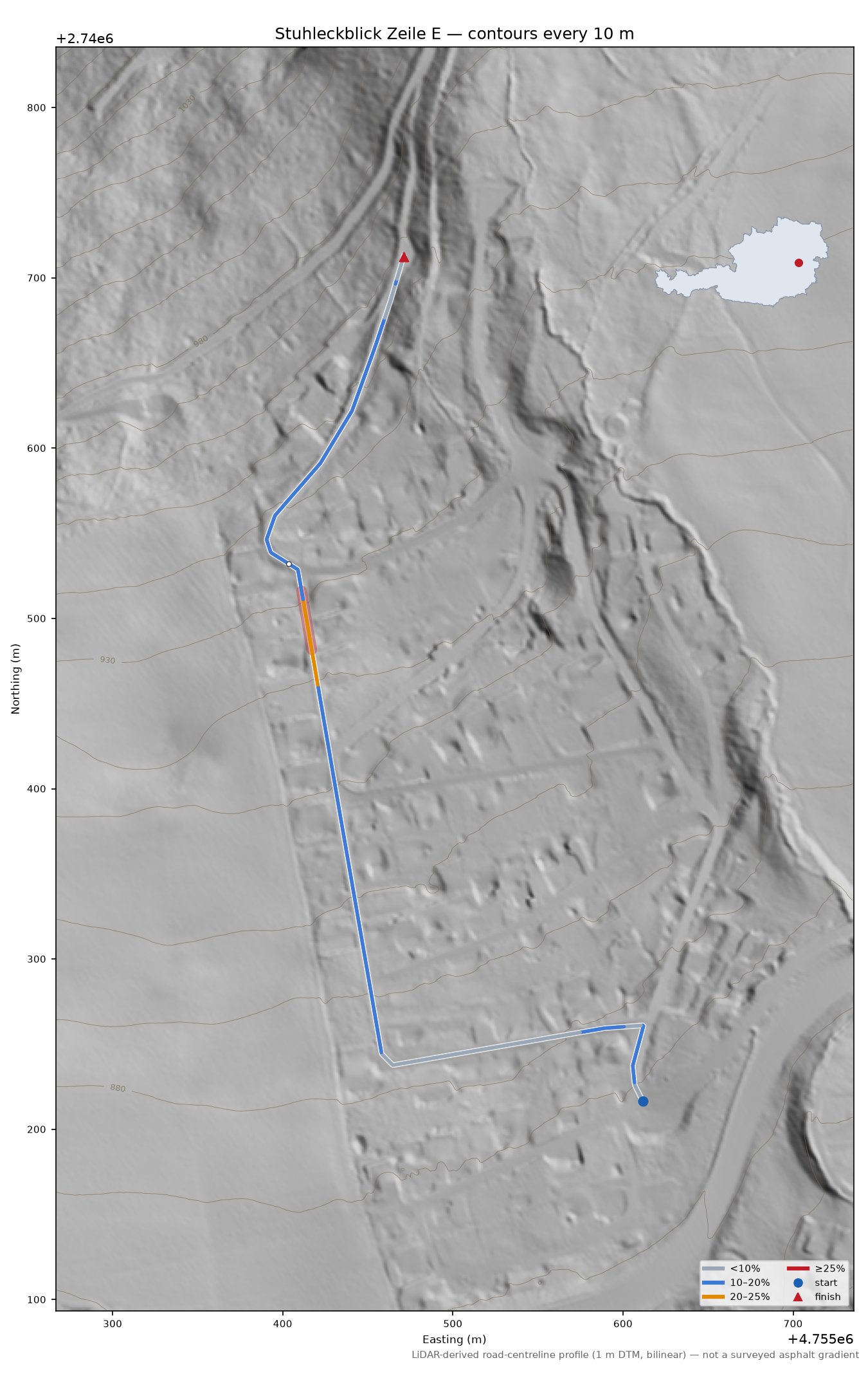 Stuhleckblick Zeile E LiDAR hillshade map with contours