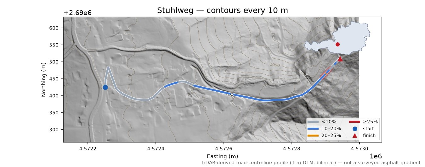 Stuhlweg LiDAR hillshade map with contours