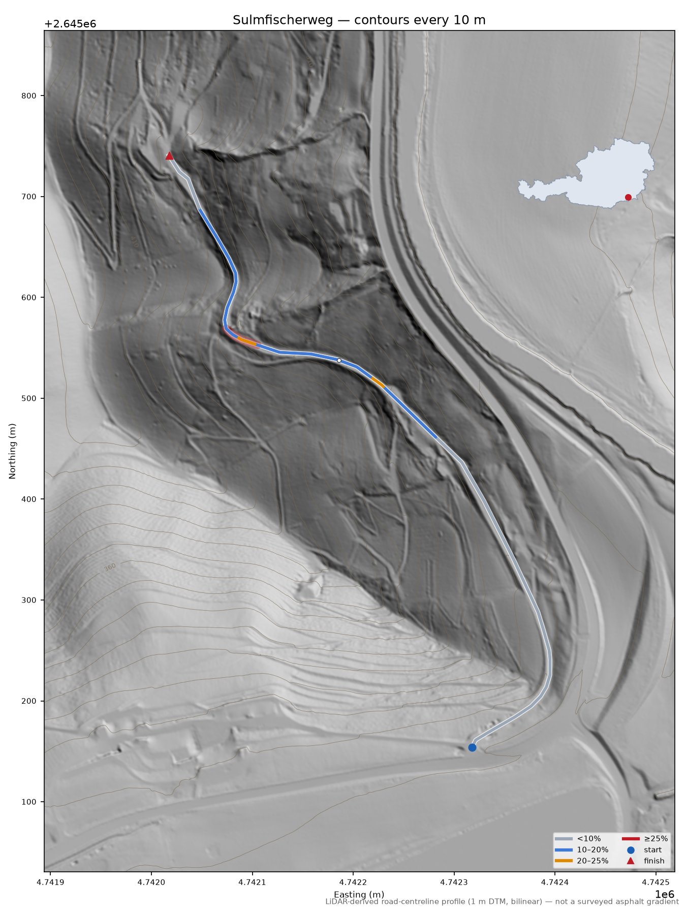 Sulmfischerweg LiDAR hillshade map with contours