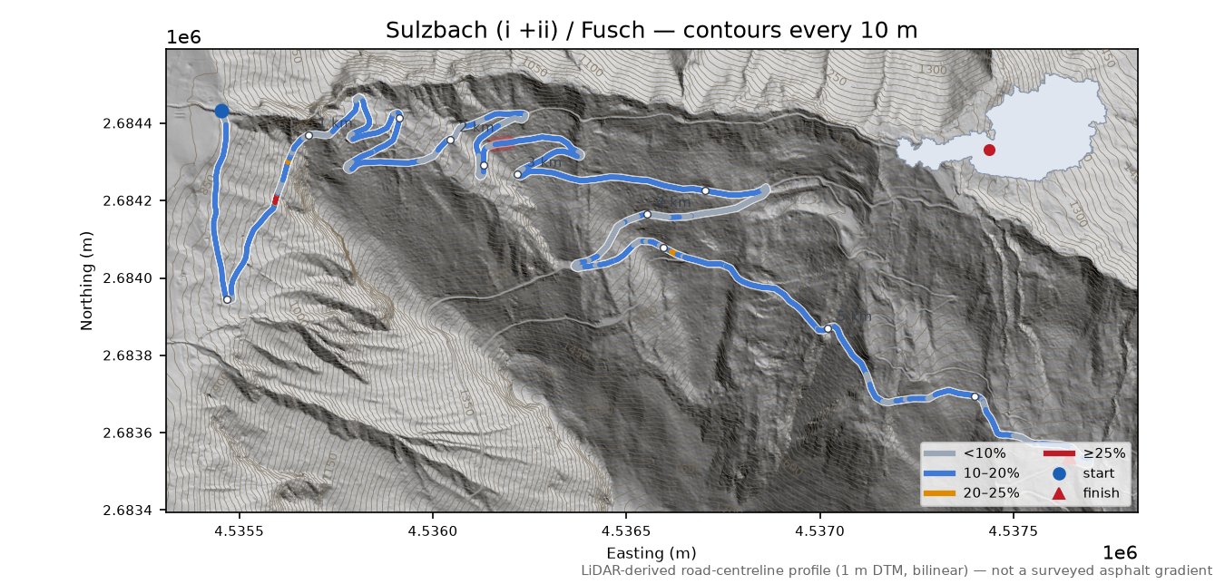 Sulzbach (i +ii) / Fusch LiDAR hillshade map with contours