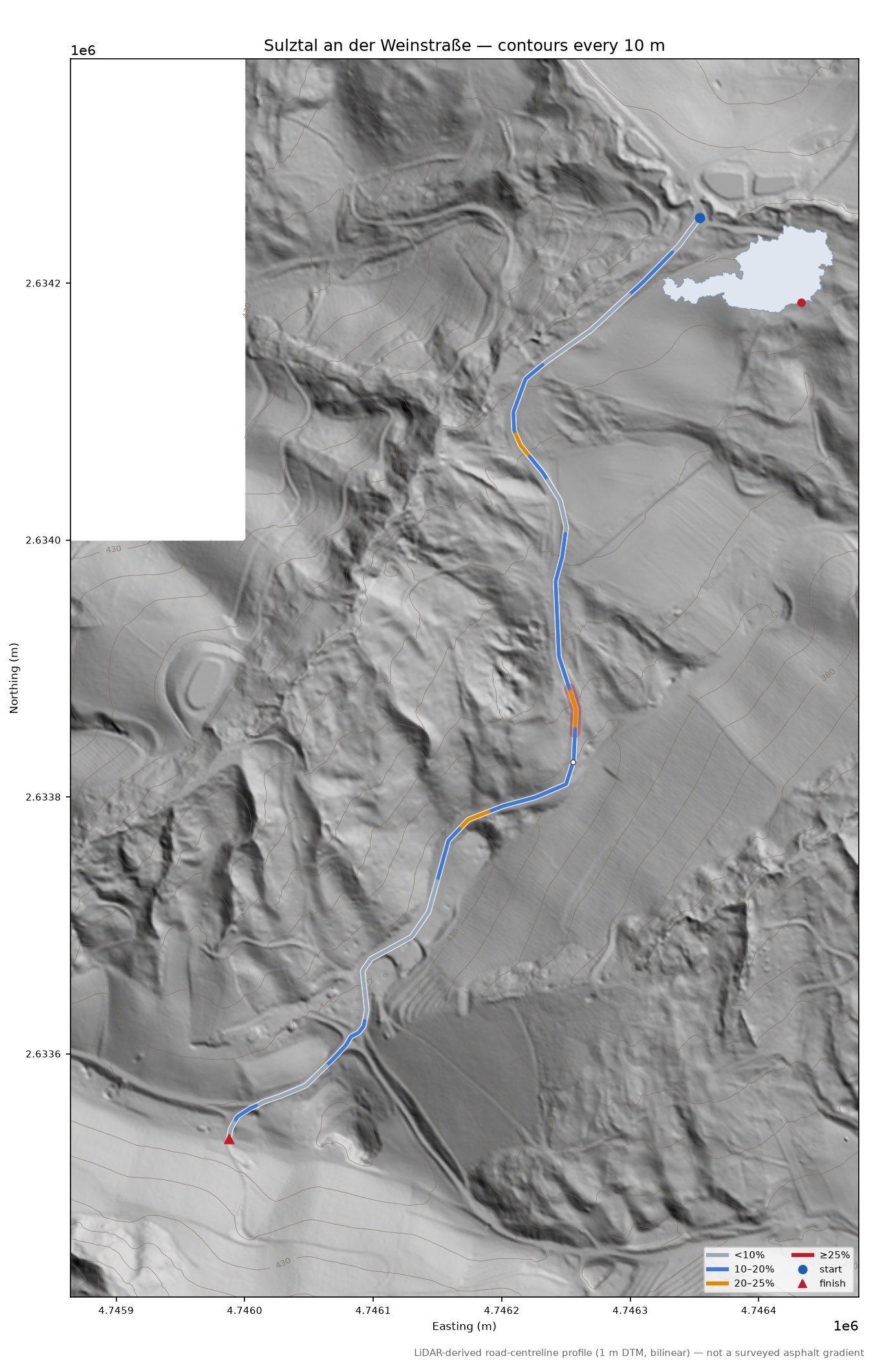 Sulztal an der Weinstraße LiDAR hillshade map with contours