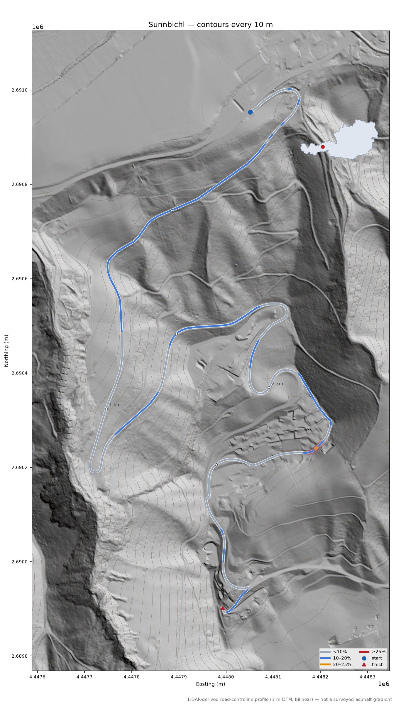 Sunnbichl LiDAR hillshade map with contours
