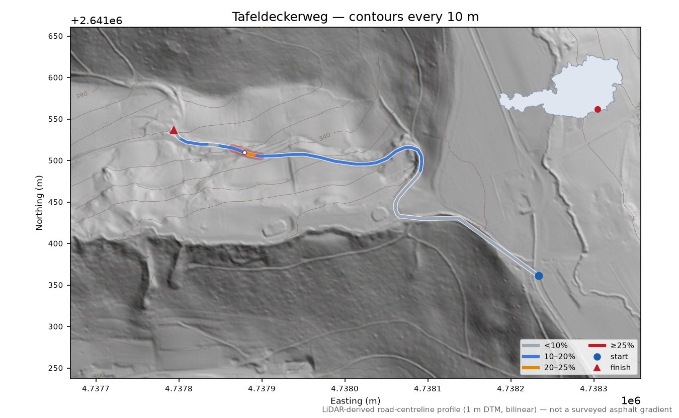 Tafeldeckerweg LiDAR hillshade map with contours