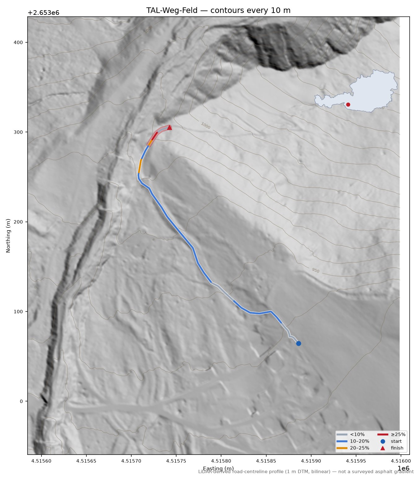 TAL-Weg-Feld LiDAR hillshade map with contours