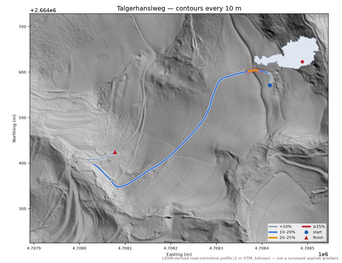 Talgerhanslweg LiDAR hillshade map with contours