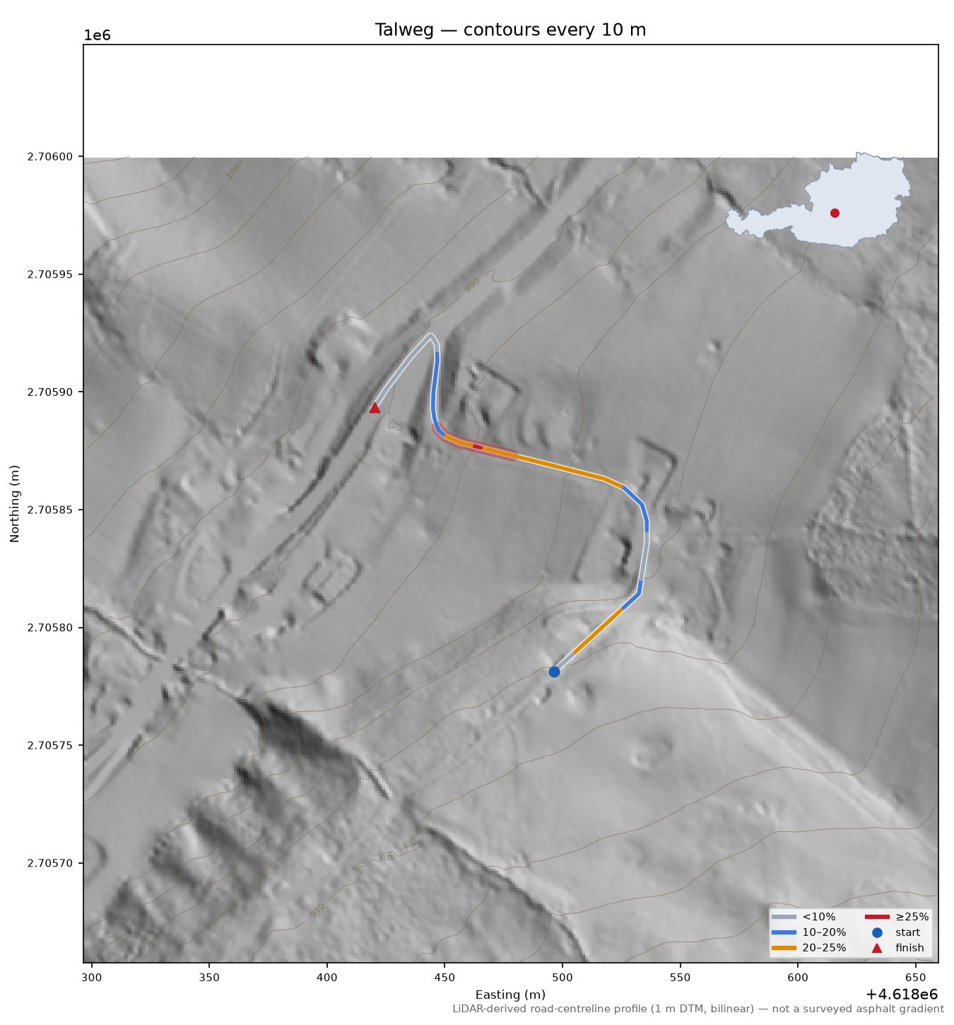 Talweg LiDAR hillshade map with contours