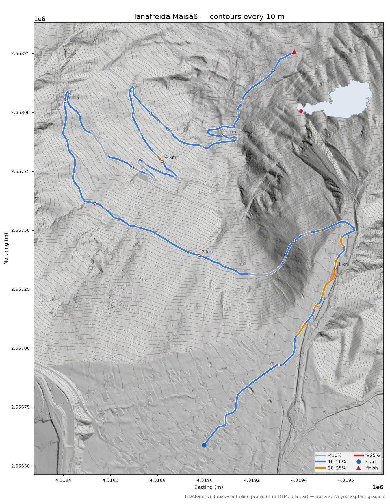 Tanafreida Maisäß LiDAR hillshade map with contours