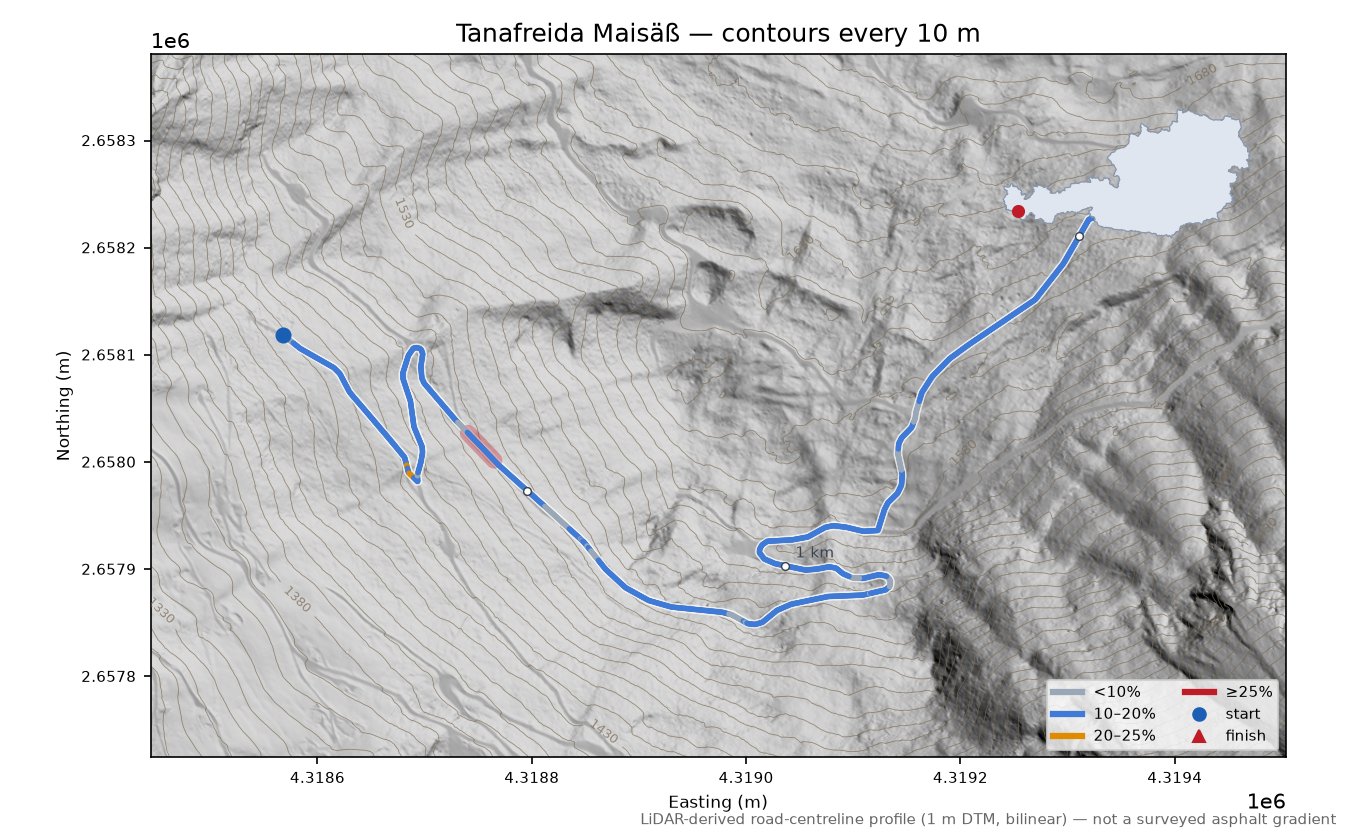 Tanafreida Maisäß LiDAR hillshade map with contours