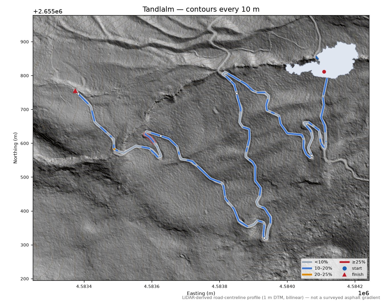 Tandlalm LiDAR hillshade map with contours
