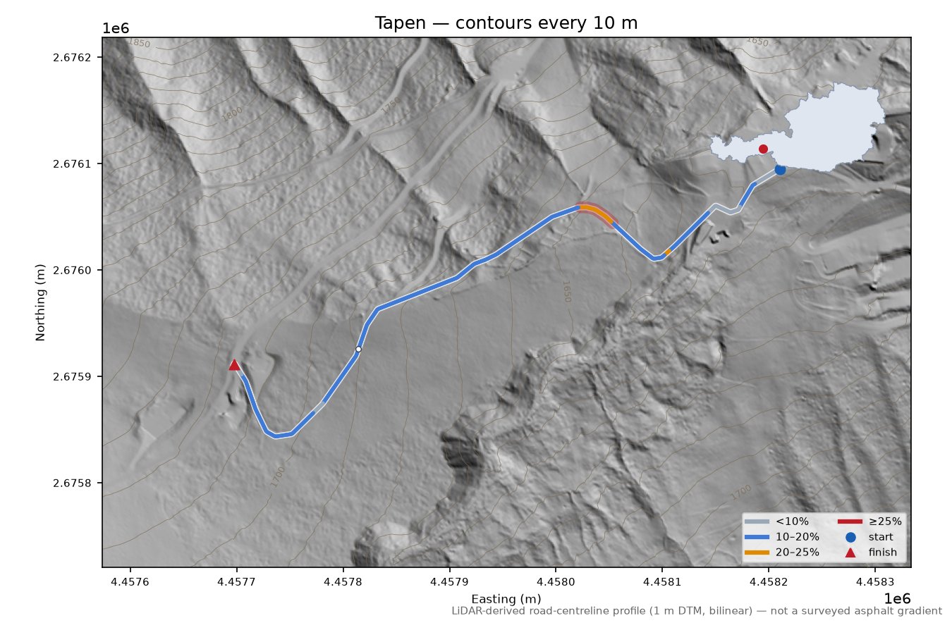 Tapen LiDAR hillshade map with contours
