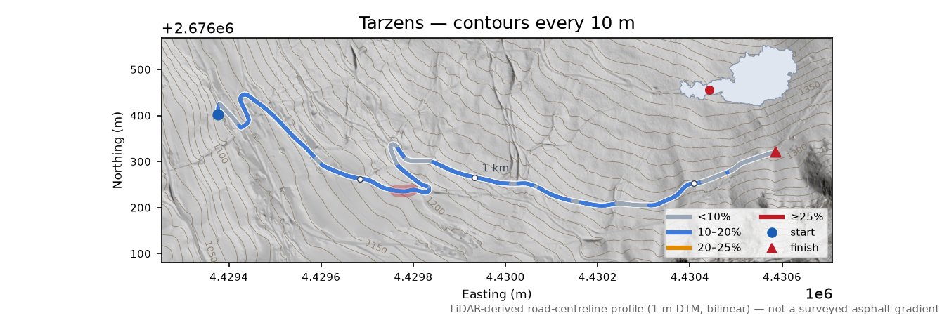 Tarzens LiDAR hillshade map with contours