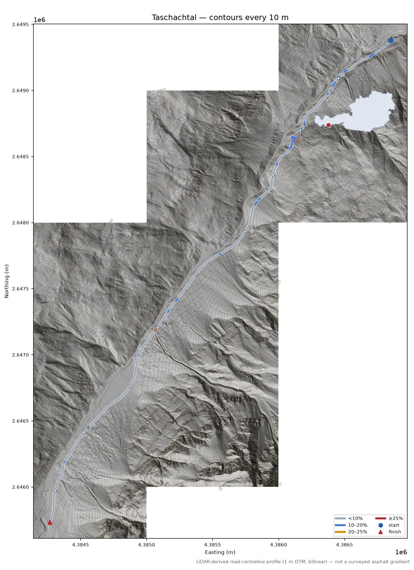 Taschachtal LiDAR hillshade map with contours