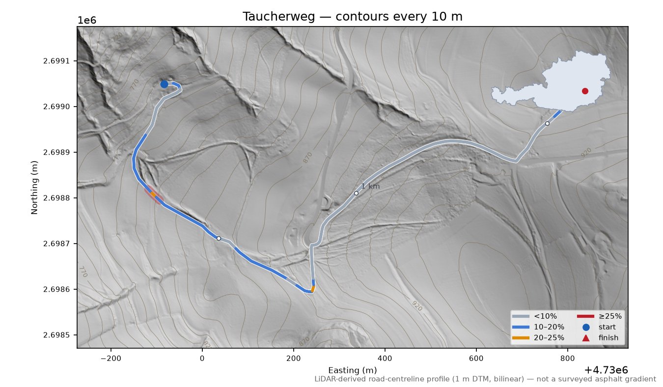 Taucherweg LiDAR hillshade map with contours