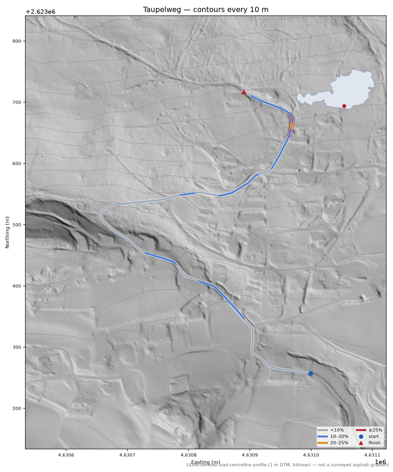 Taupelweg LiDAR hillshade map with contours