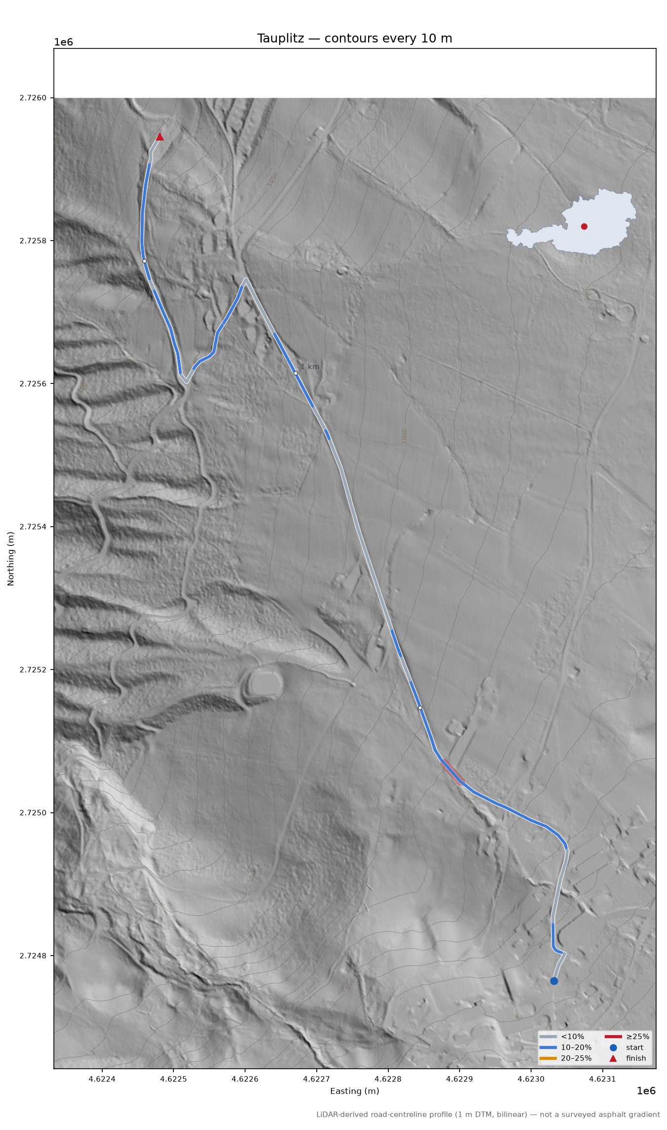 Tauplitz LiDAR hillshade map with contours