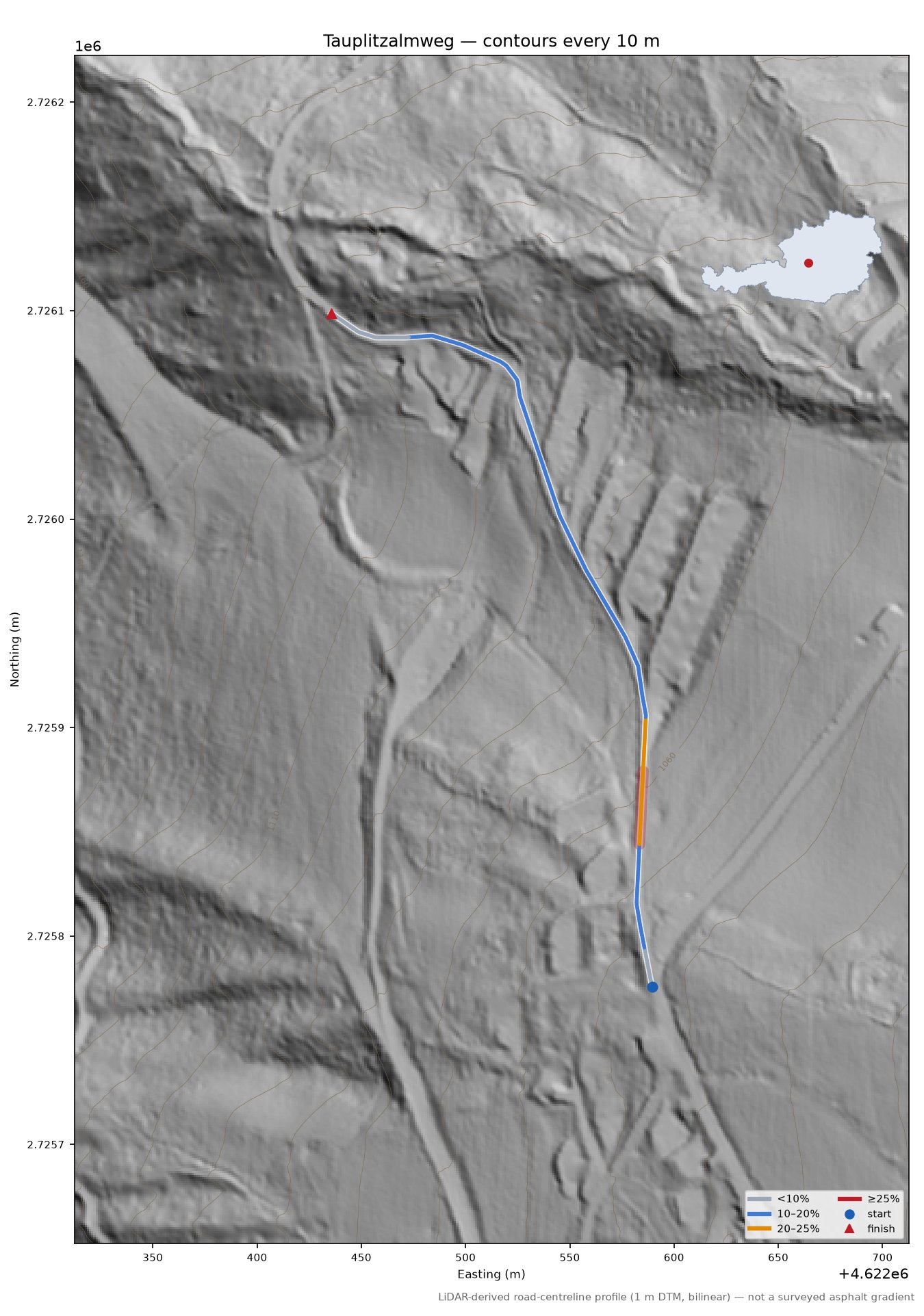Tauplitzalmweg LiDAR hillshade map with contours