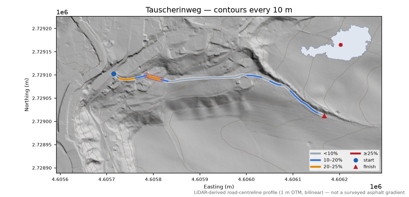 Tauscherinweg LiDAR hillshade map with contours