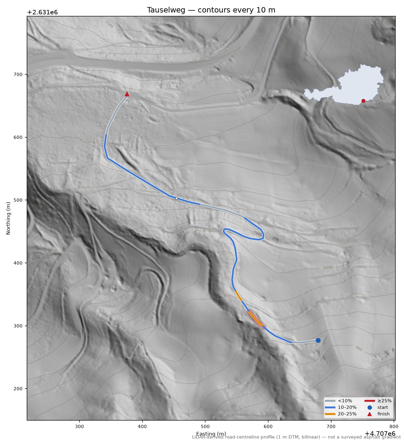 Tauselweg LiDAR hillshade map with contours