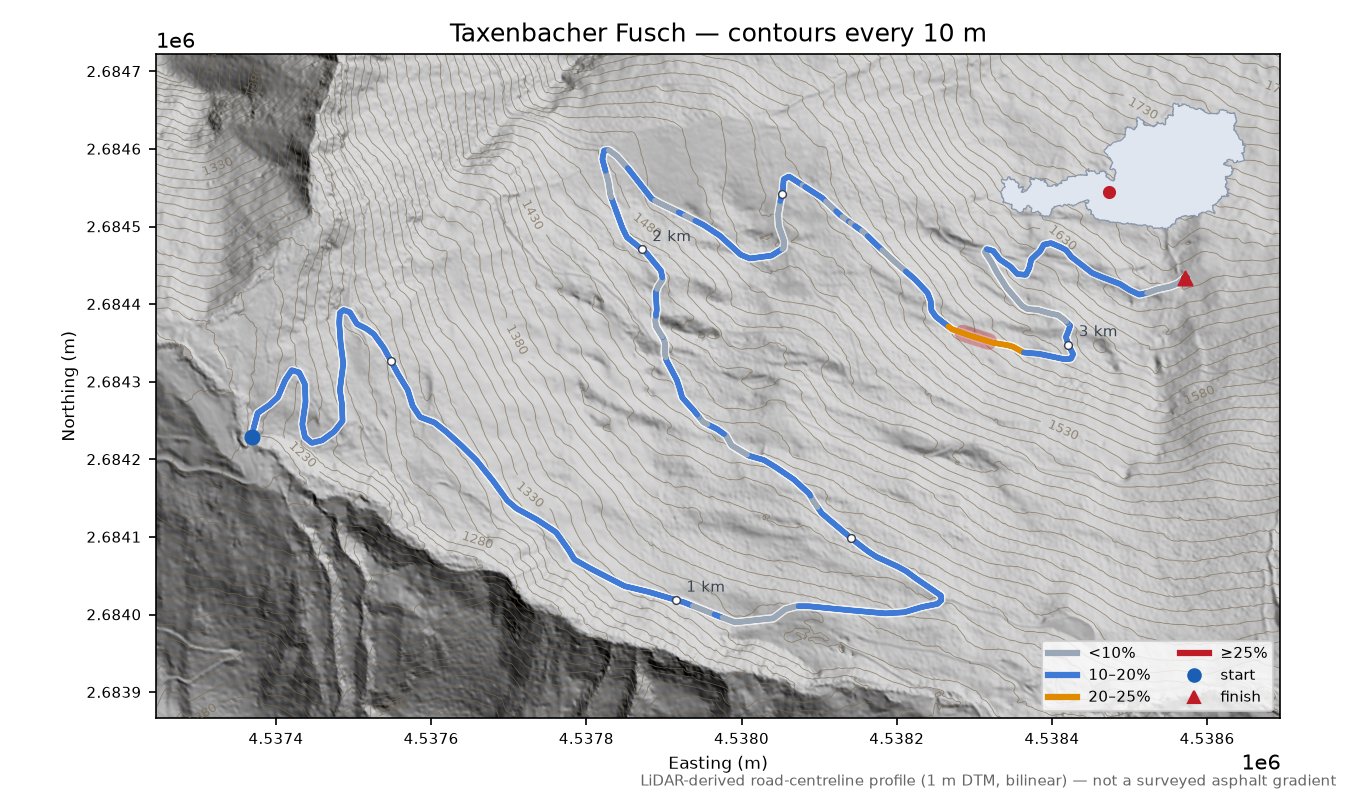 Taxenbacher Fusch LiDAR hillshade map with contours