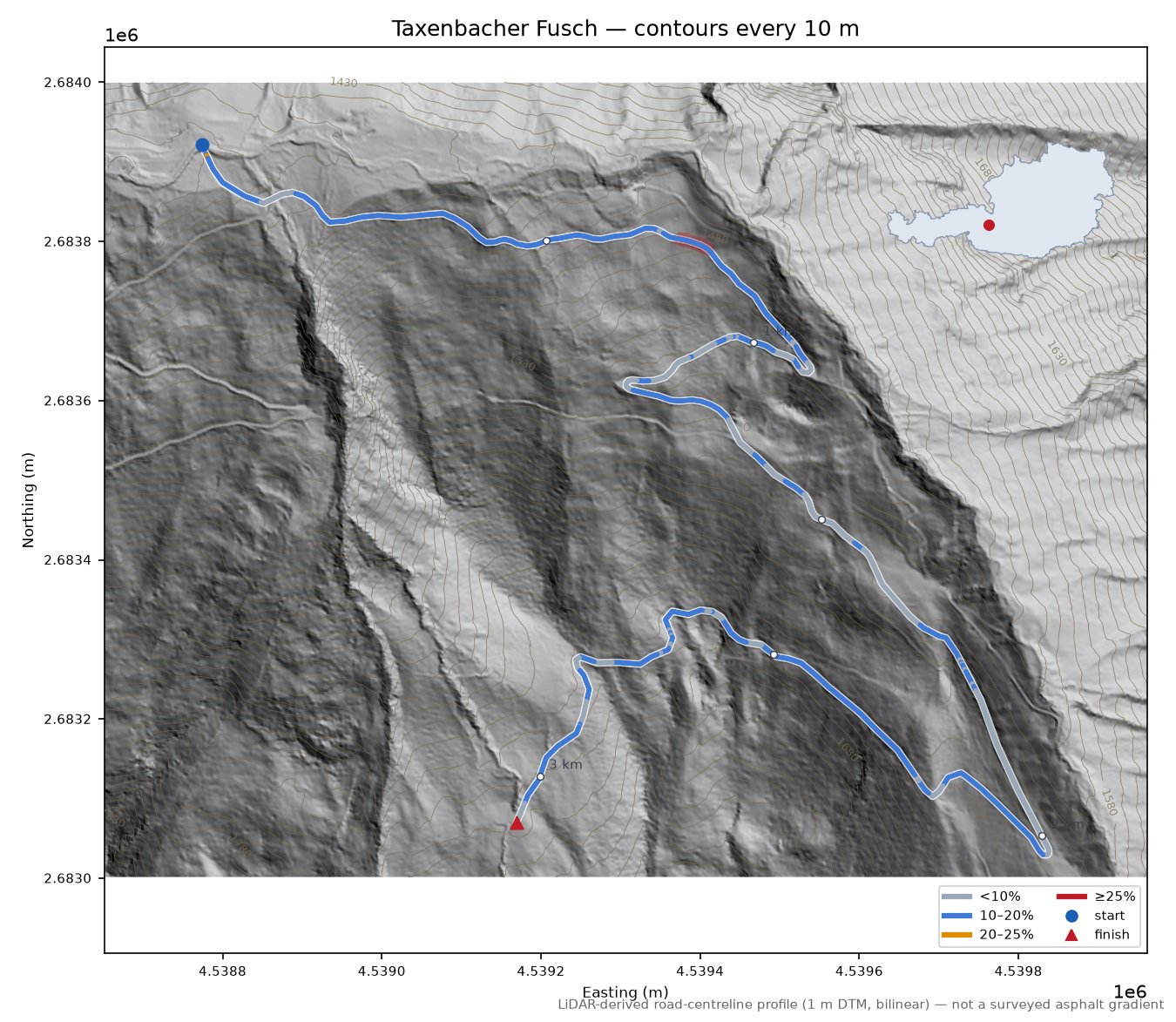 Taxenbacher Fusch LiDAR hillshade map with contours