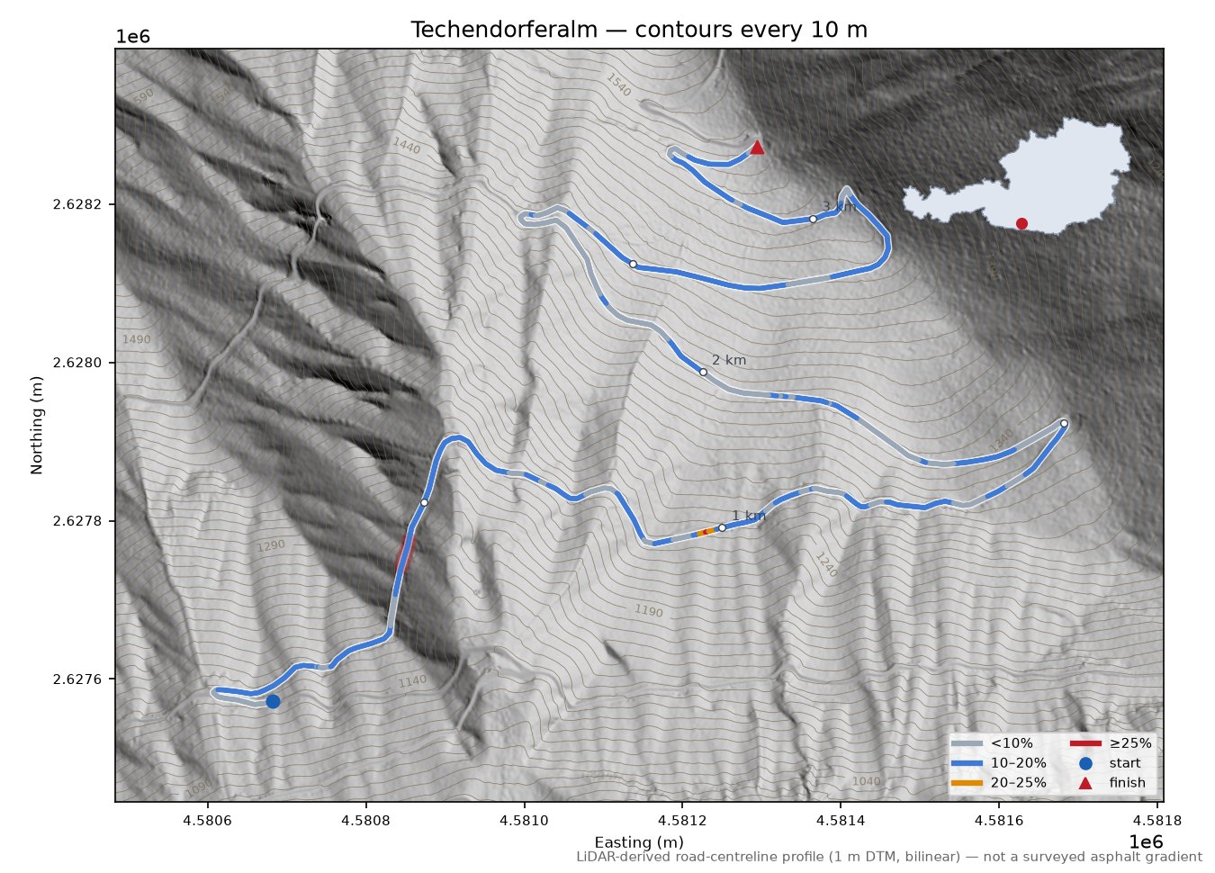 Techendorferalm LiDAR hillshade map with contours