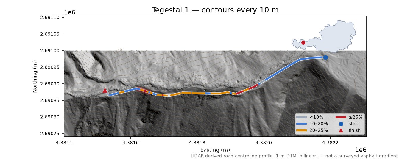 Tegestal 1 LiDAR hillshade map with contours