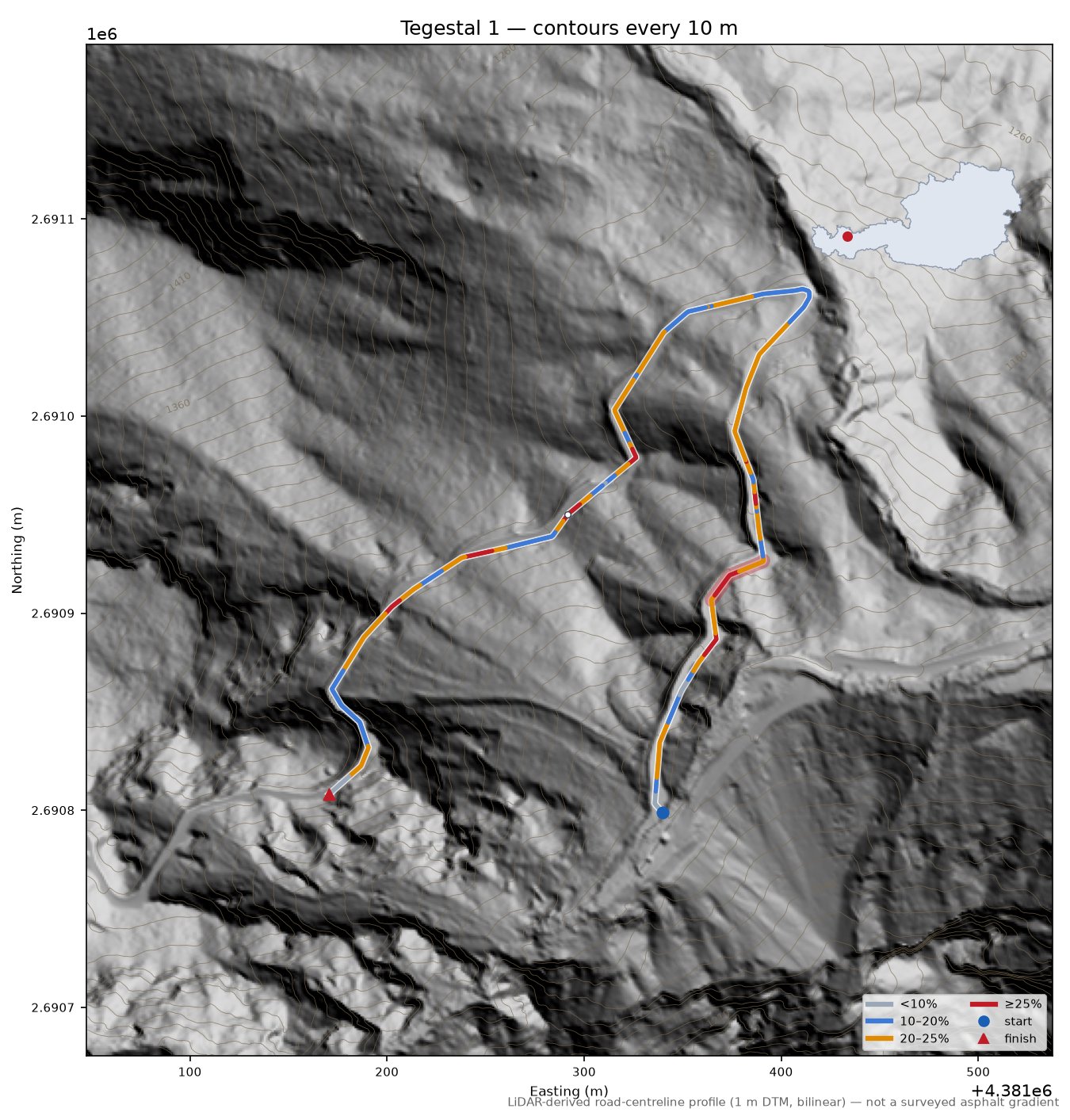 Tegestal 1 LiDAR hillshade map with contours