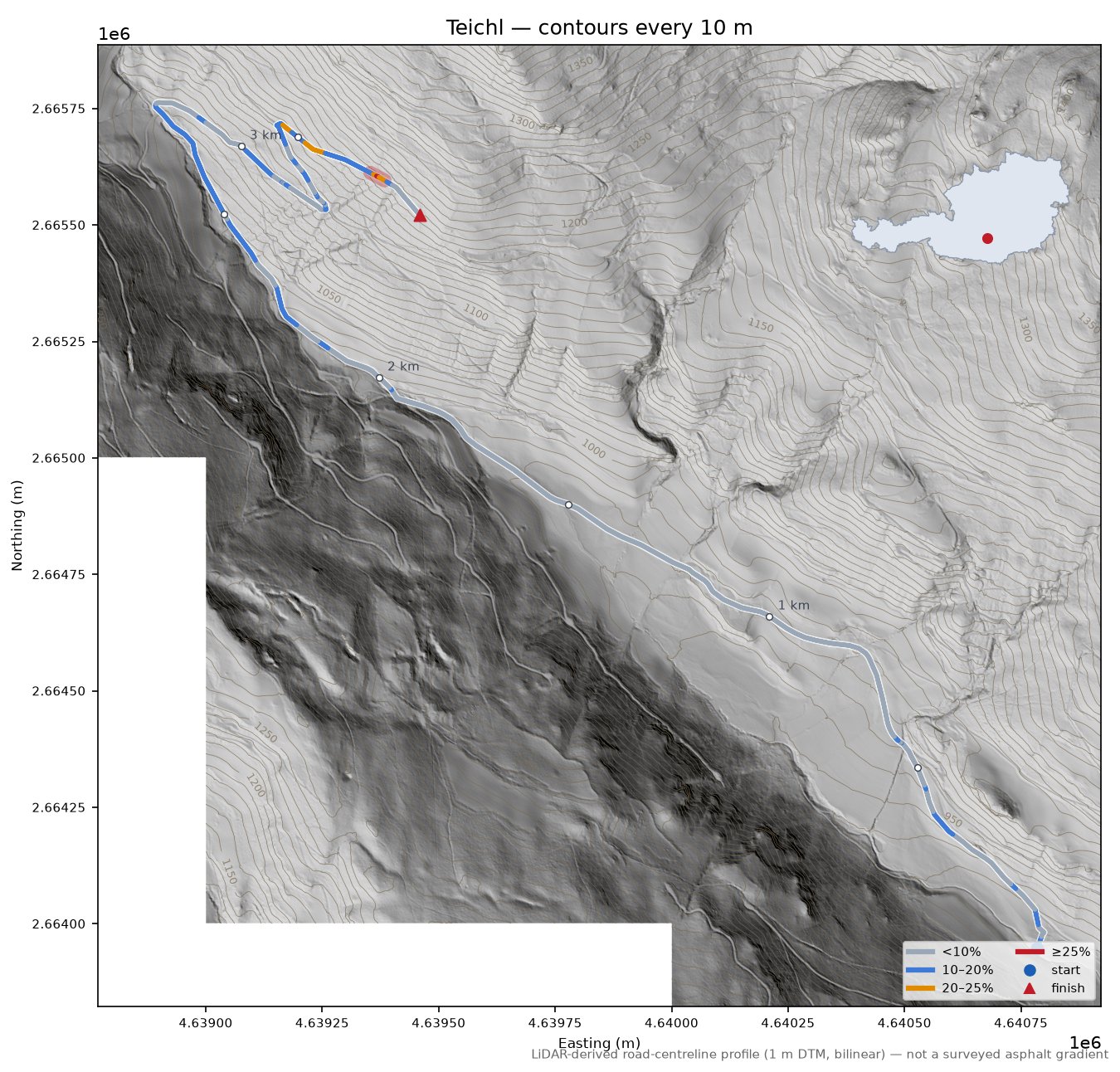 Teichl LiDAR hillshade map with contours