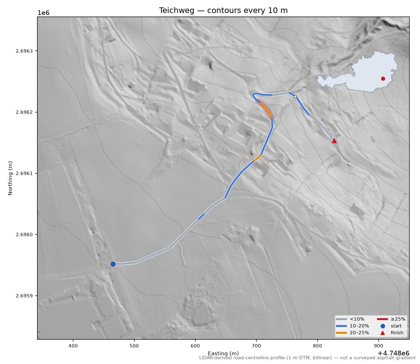 Teichweg LiDAR hillshade map with contours
