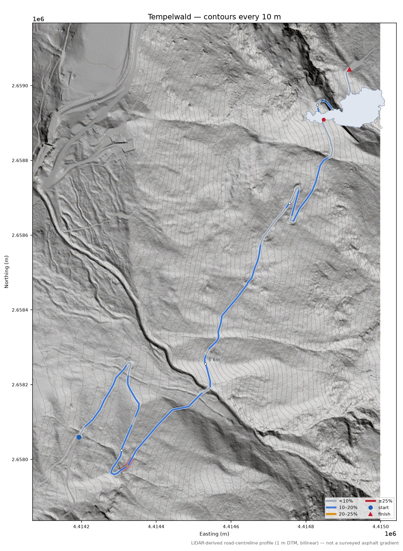 Tempelwald LiDAR hillshade map with contours