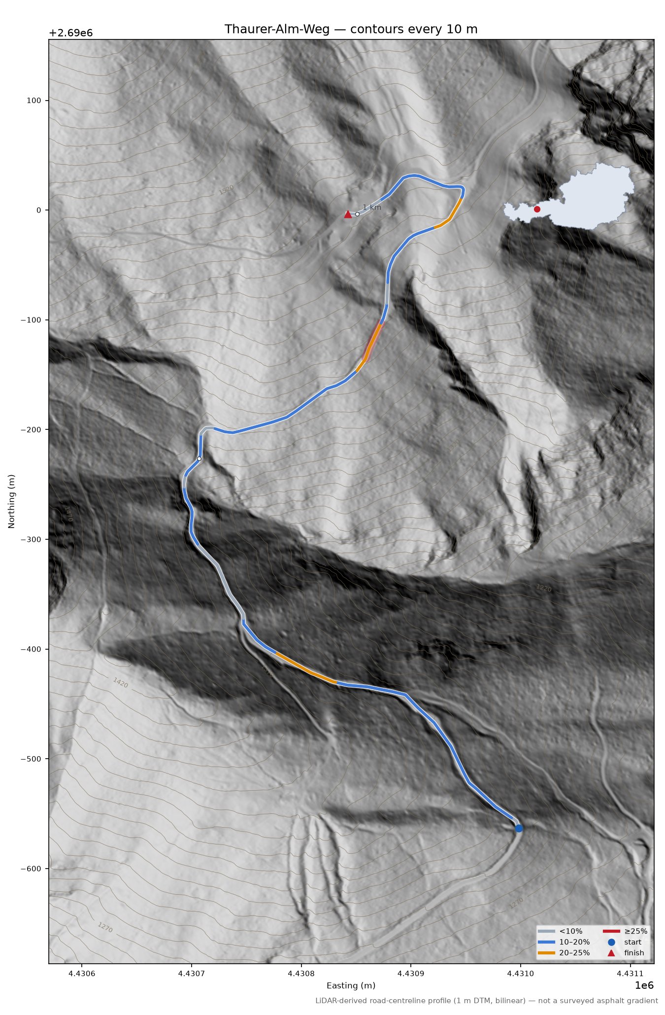 Thaurer-Alm-Weg LiDAR hillshade map with contours