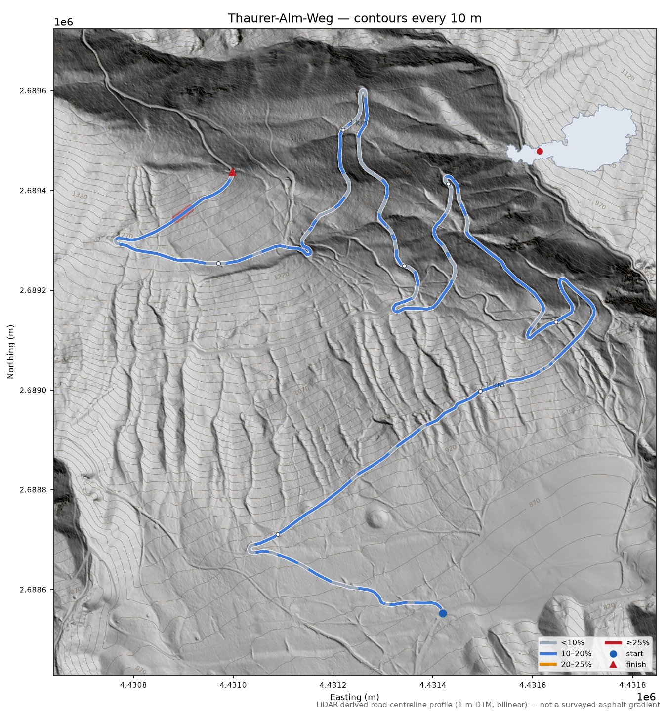 Thaurer-Alm-Weg LiDAR hillshade map with contours