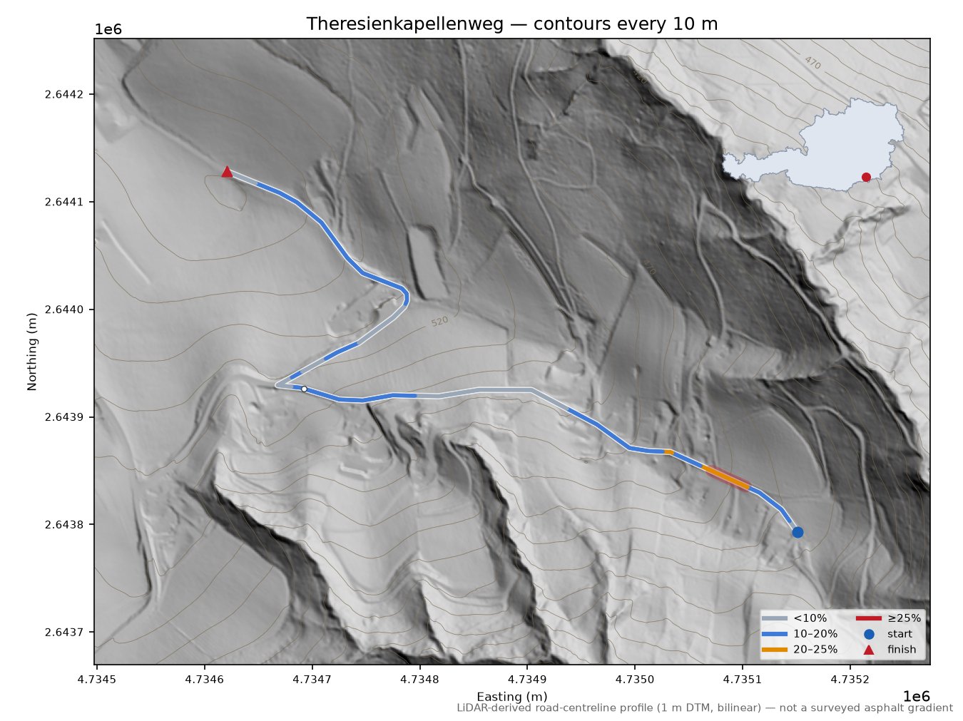 Theresienkapellenweg LiDAR hillshade map with contours