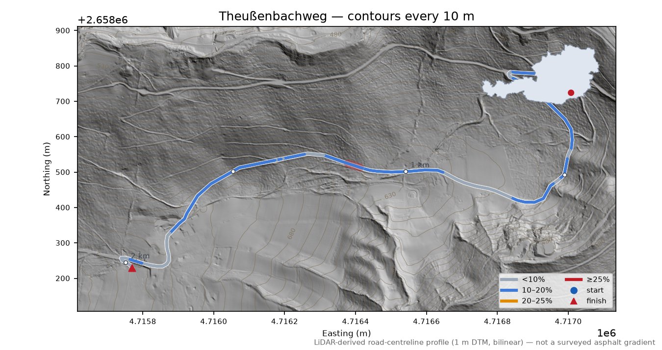 Theußenbachweg LiDAR hillshade map with contours