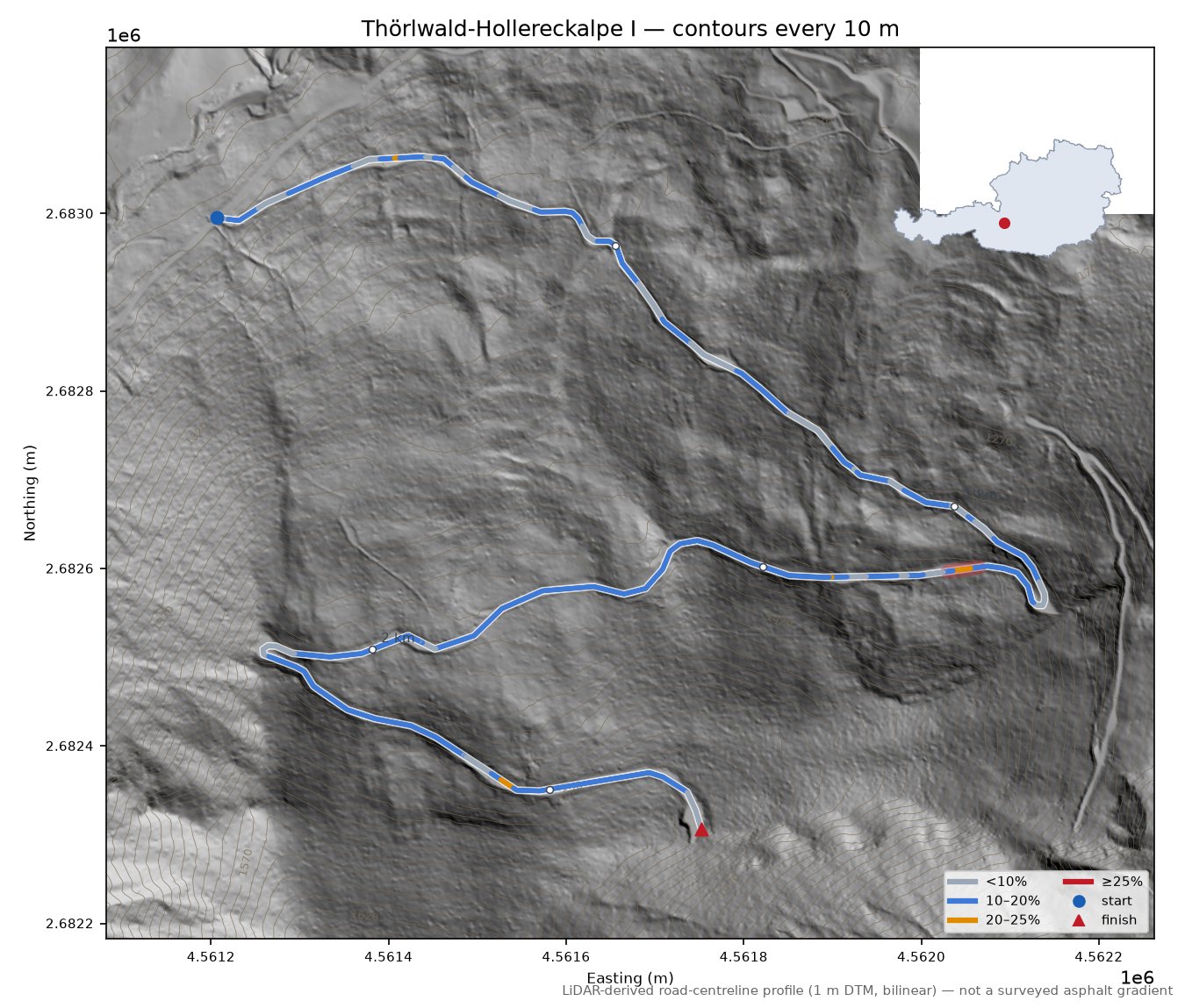 Thörlwald-Hollereckalpe I LiDAR hillshade map with contours
