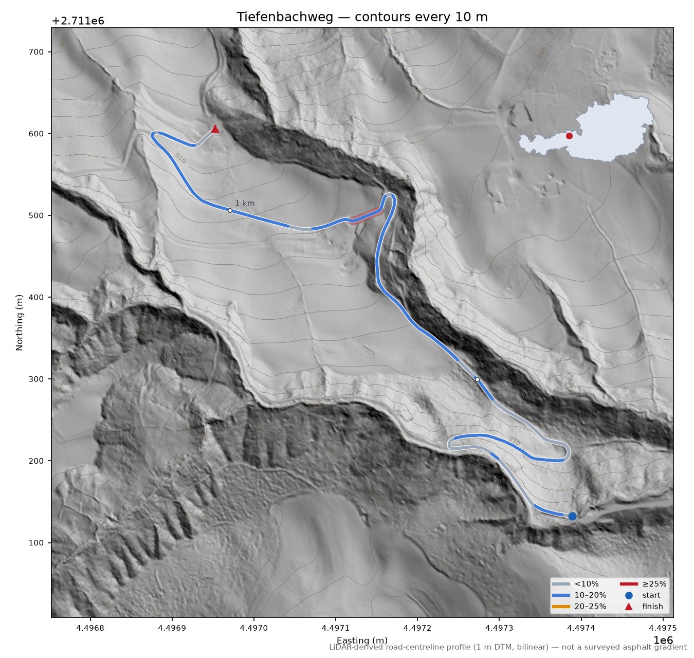 Tiefenbachweg LiDAR hillshade map with contours