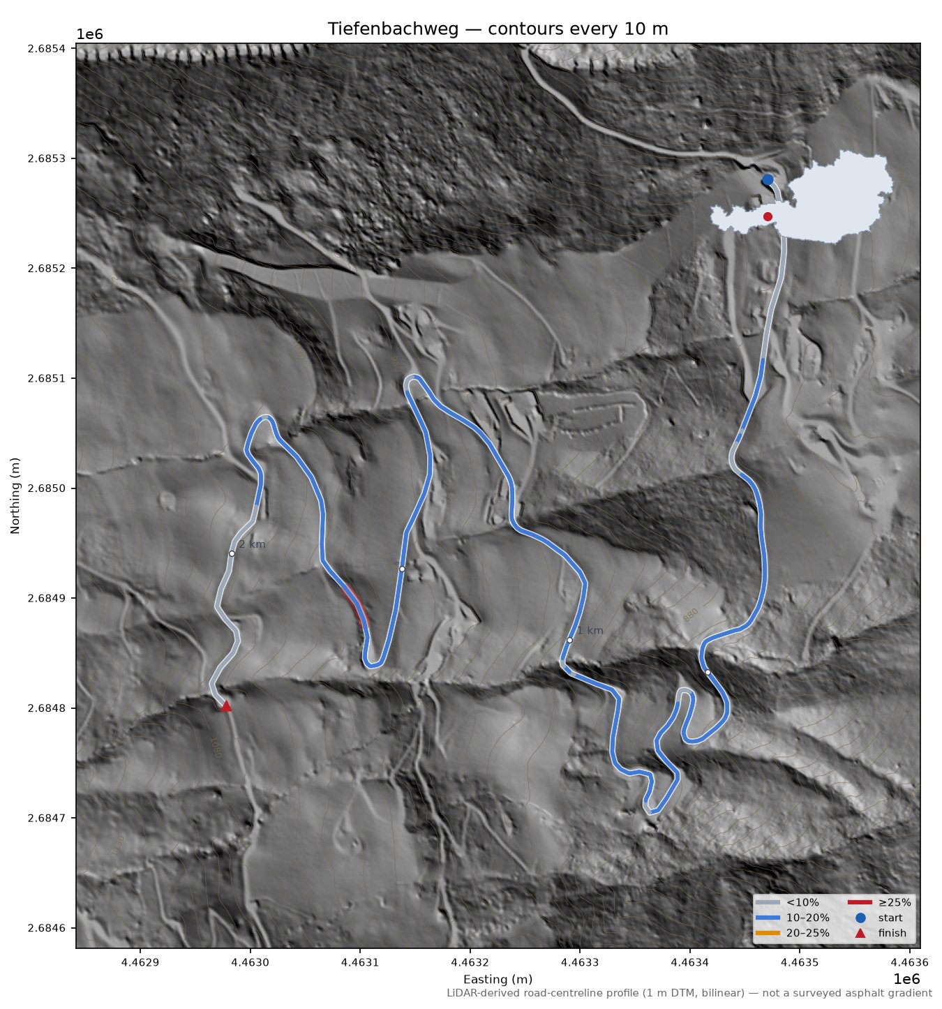 Tiefenbachweg LiDAR hillshade map with contours
